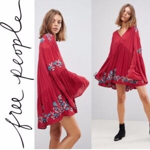 Free People Red Floral Embroidered Mini Dress Sz S